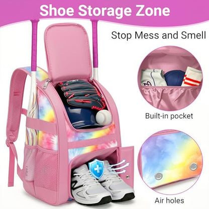 Youth Baseball Bag - Softball Bag for Girls & Boys with Shoes Compartment, Bat Backpack for Baseball, T-Ball & Softball Equipment - color: Tie-dye-Pink