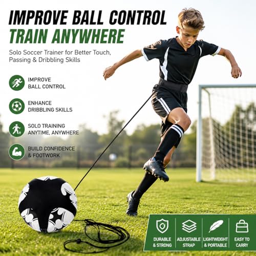 Solo Soccer Trainer for Kids & Teens – Adjustable Soccer Training Aid with Waist Belt & Tether for Ball Control, Footwork, Passing & Shooting Practice