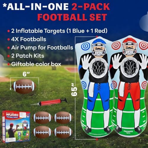 Preferred Toys 65” Inflatable Football Target Net Toss Game - Double-Sided Throwing Practice Football Stuff with Mini Balls - Backyard Tailgate Party Sports Toy for Kids & Adults - color: Red/Blue (2-Pack)