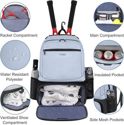Ytonet Tennis Bag Tennis Backpack for Women Men 2 Rackets with Insulated Pocket Ventilated Shoe Compartment - color: Blue