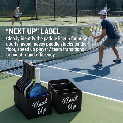 MyGift Portable Foldable Pickleball Paddle Queue Baskets – Holds Up to 24 Paddles, Black Fabric Organizer with Ball Compartment & Next Up Marker for Indoor and Outdoor Courts, Set of 2
