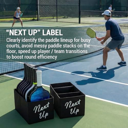 MyGift Portable Foldable Pickleball Paddle Queue Baskets – Holds Up to 24 Paddles, Black Fabric Organizer with Ball Compartment & Next Up Marker for Indoor and Outdoor Courts, Set of 2