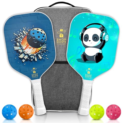 Kids Pickleball Paddles (Set of 2), Child Size Paddles, Lightweight Honeycomb Core, Fiberglass Strike Face, 2 Youth Rackets with 4 Balls and Premium Zipper Bag - color: Blue and Teal