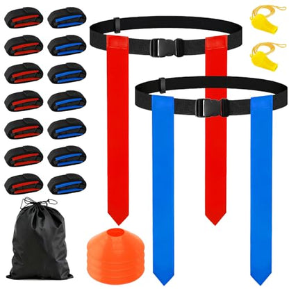 CHERAINTI Flag Football Belts Set, 14 Players Adjustable Extended Youth Flag Football Set for Kids, Teens & Adults, Ideal for Team Training and Outdoor Games, Includes Cones, Whistles & Carry Bag