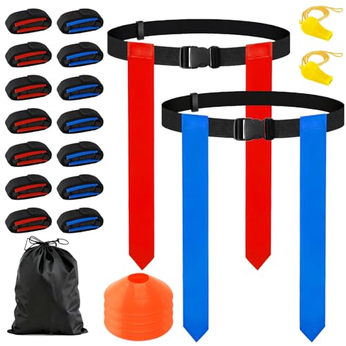 CHERAINTI Flag Football Belts Set, 14 Players Adjustable Extended Youth Flag Football Set for Kids, Teens & Adults, Ideal for Team Training and Outdoor Games, Includes Cones, Whistles & Carry Bag