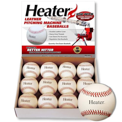 Heater Sports Leather Pitching Machine Baseballs, Low Profile Seams for Greater Accuracy, Batting Practice Training Balls Safe for Aluminum, Wooden or Composite Bats, 12 Pack