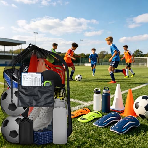 BROTOU 5PCS Extra Large Mesh Sports Ball Bags - Soccer Ball Bag Drawstring Bags with Shoulder Strap for Basketball, Volleyball, Swimming Gear