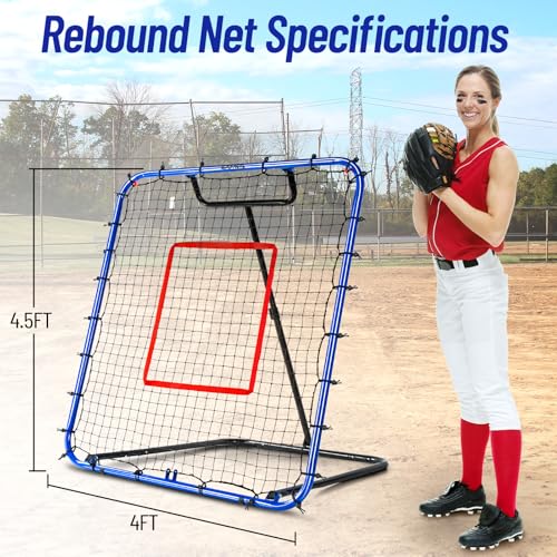 SPOYNAL Baseball Rebounder Net 4 x 4.5 FT Baseball Training Equipment Base Ball Bounce Back Net with 5 Return Angles Softball Pitching Net Fly Ball Line Drive Ground Ball Training Net for Fielding