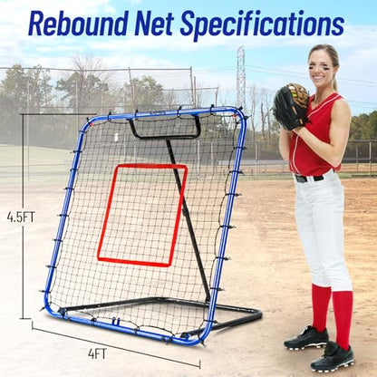 SPOYNAL Baseball Rebounder Net 4 x 4.5 FT Baseball Training Equipment Base Ball Bounce Back Net with 5 Return Angles Softball Pitching Net Fly Ball Line Drive Ground Ball Training Net for Fielding