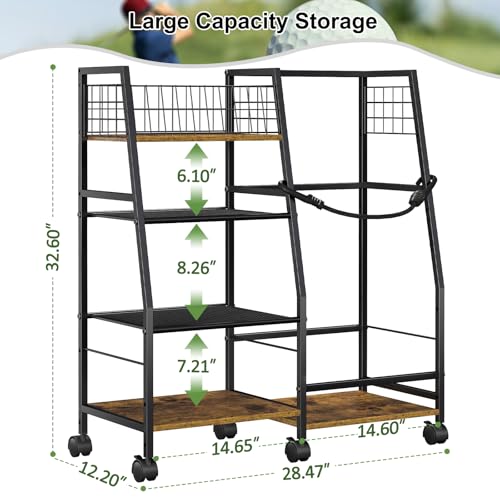 DAOUTIME Golf Bag Garage Storage Rack with Wheels, Organizer for Single Golf Bag and Equipment Accessories, Ideal for Home, Garage, Club, Shed, Basement - Sturdy Wood and Metal Construction (Black)