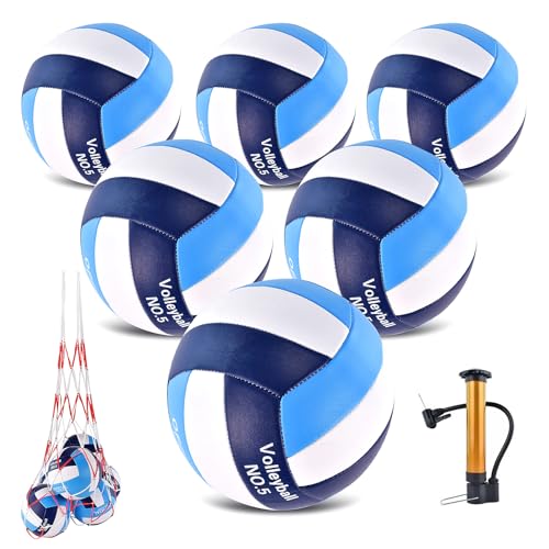6 Pack Volleyballs Official Size 5, Soft Bulk Recreational Volley Balls with Pump and Net Bag for Indoor Outdoor Beach Pool Water Sand Game Training Match for Beginner - color: navy blue
