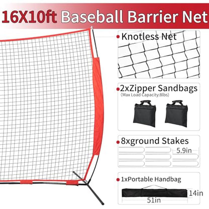 7x7/16x10/20x10ft Backstop Net, Ball Stop Net with Handbag,Fix Sports Net Barrier by 4 Spike&2 Sandbag,Sports Practice Barrier Net for Baseball,Softball,Lacrosse Train,Backstop Net for Backyard - style: 16X10ft red
