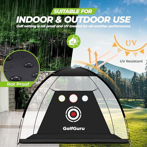 Golfguru All in 1 Golf Practice Net - 10x7ft Tri-Turf Mat, Impact Target, 10 Balls, 7 Tees, Carry Bag for Backyard Driving Chipping Indoor