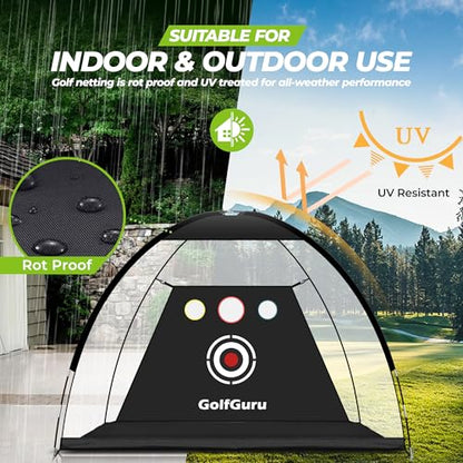 Golfguru All in 1 Golf Practice Net - 10x7ft Tri-Turf Mat, Impact Target, 10 Balls, 7 Tees, Carry Bag for Backyard Driving Chipping Indoor