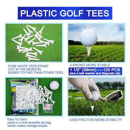 1 1/2'' Plastic Golf Tees,Short Tees 120 Pack-4 Prongs with Low Friction Design for Iron,Par Threes,Hybrids and Driving Range,with High Stability and Low-Friction White Golf Tees 1 1/2 Inch
