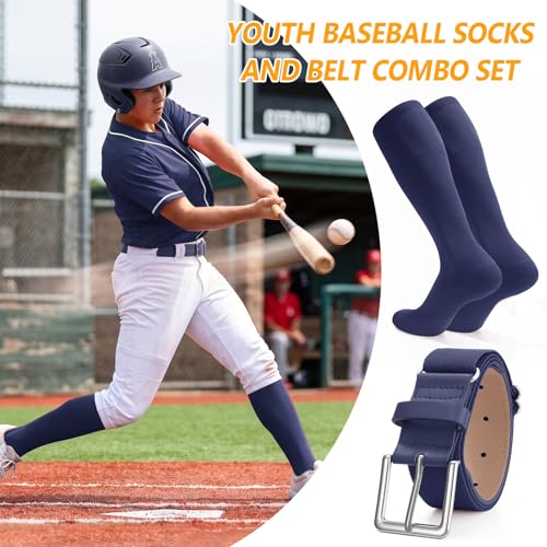 XZQTIVE Baseball Softball Socks and Baseball Softball Belt Combo Set Knee-High Soccer Socks for Kids Youth Adult - color: Navy, size: Adult