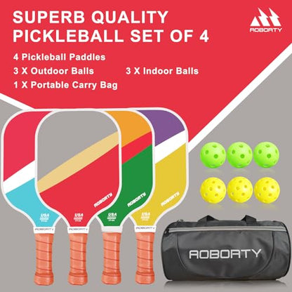 AOBORTY Pickleball Paddles 4 Pack - USAPA Light Graphite Premium Rackets Fiber Face & Polymer Honeycomb Core Pickleball Set with 4 Outdoor Indoor Balls Including Portable Carry Bag