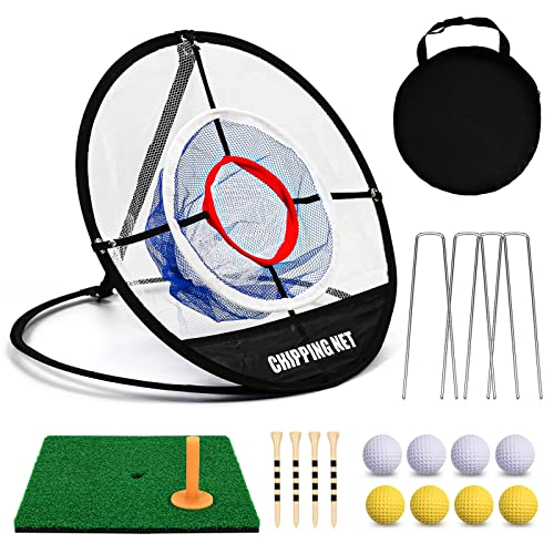 Pop Up Golf Chipping Net & Mat, Target Practice Set - 8 Balls, 4 Tees, Collapsible for Indoor/Outdoor Swing Training