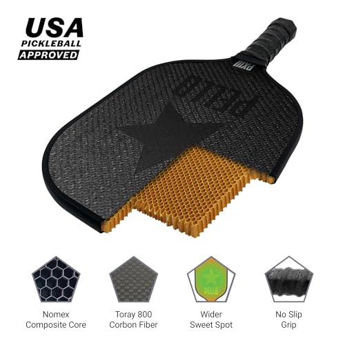 PELLO Carbon Fiber Pickleball Paddles | USA Pickleball Approved | Professional Polypropylene Honeycomb Core | Perfect Balance of Power & Control | Pickle Ball Racquet with Neoprene Case - style: PXIII Black