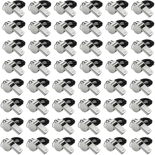 48PCS Stainless Steel Sports Whistles with Black Lanyard – Loud Crisp Sound Whistles Bulk for Coaches, Referees, Officials, and Emergency Use