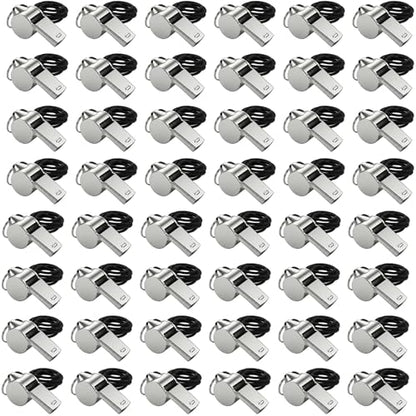 48PCS Stainless Steel Sports Whistles with Black Lanyard – Loud Crisp Sound Whistles Bulk for Coaches, Referees, Officials, and Emergency Use