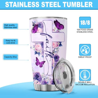 Christian Gifts for Women of Faith, Purple Butterfly Floral Cross Design 20oz Stainless Steel Insulated Tumbler, Religious Inspirational Bible Verse Travel Cup for Mom, Sister, Friend - color: Faith and Bible Verse