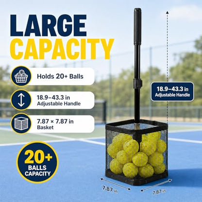 Pickleball Picker Upper 20+ Ball Capacity Foldable Pickleball Hopper Storage Basket Telescopic Handle Ball Retriever for No Bending Lightweight Pickleball Accessories for Coaches Players