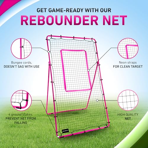 Velocity Volleyball Rebounder 5-Angle Adjustable 7x4 ft Volleyball Rebounder Net for Backyard with Reinforced Steel Frame & High-Tension PE Netting Bounce Back Net with Travel Bag, (Pink)