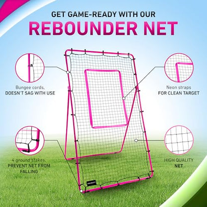 Velocity Volleyball Rebounder 5-Angle Adjustable 7x4 ft Volleyball Rebounder Net for Backyard with Reinforced Steel Frame & High-Tension PE Netting Bounce Back Net with Travel Bag, (Pink)