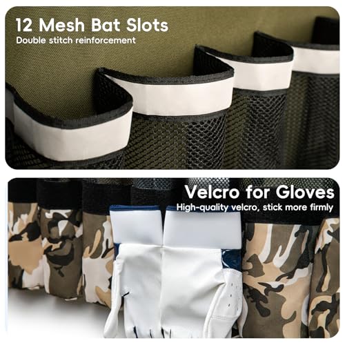 KAVIGOR 15-Bat Baseball/Softball Dugout Organizer - 900D Military-Grade Fabric & Reinforced Hooks, Holds Bats/Gloves on Fence - color: Camo Brown