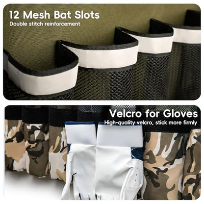 KAVIGOR 15-Bat Baseball/Softball Dugout Organizer - 900D Military-Grade Fabric & Reinforced Hooks, Holds Bats/Gloves on Fence - color: Camo Brown