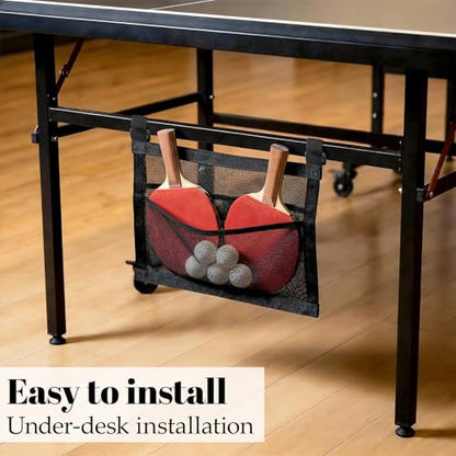 Under-Table PingPong Paddle Holder, Breathable Mesh PingPong Ball Holder, Hanging Large-Capacity PingPongs Paddles Case for Multiple Paddles and Balls, Easy Installation for Home Game Room Club