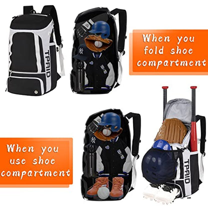 TPAID Baseball Backpack Large Capacity Softball Bag with Shoes Compartment and Fence Hook, Lightweight Baseball Equipment Bag Holds Bats, Helmets, Gloves, Hats, Clothes, Shoes - color: Black-A, size: 2 Bat Baseball