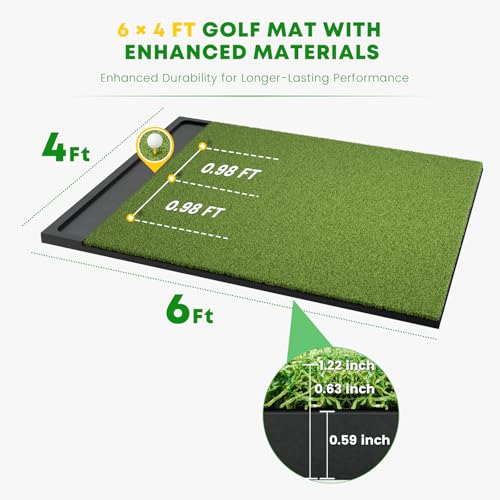Integrated Golf Hitting Mat with Ball Tray, Thickening Golf Mats Practice Outdoor & Indoor Artificial Turf Matt with 3 Tees - size: 6' x 4' (L x W)