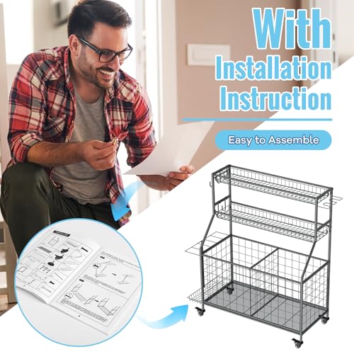 WUC Sports Equipment Garage Organizer - Garage Ball Storage Rack with Basket, Hooks and Rolling Cart for Sports Gear and Toy Storage, Grey