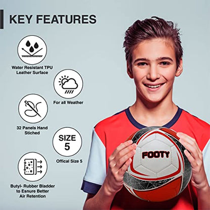 Footy - Size 5 Leather Soccer Ball with Pump - Professional Youth Training Ball - color: Red