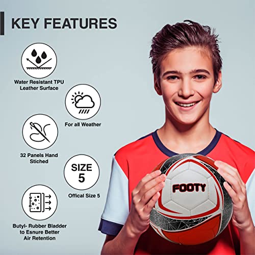 Footy - Size 5 Leather Soccer Ball with Pump - Professional Youth Training Ball - color: Red