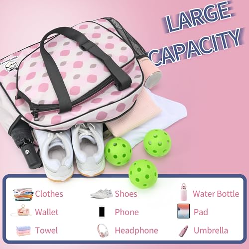 Boulder Bee Pickleball Bags, Premium Pickleball Tote Bag for Girls, Women’s Hand/Shoulder Gym Bag w Water Bottle Holder, with Pickleball Racquet/Paddle Holder - color: Pink Wave