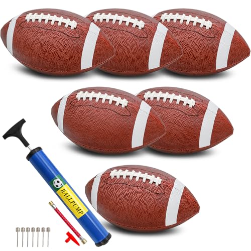 Lawei 6 Pack Youth Footballs, Official Size 6 Composite Leather Football for Junior, Adult, College, High School, Durable Inflatable Footballs with Pump, Indoor Outdoor American Footballs Bulk