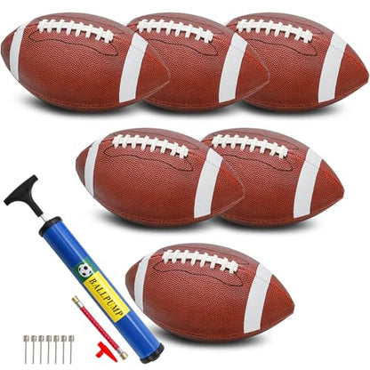 Lawei 6 Pack Youth Footballs, Official Size 6 Composite Leather Football for Junior, Adult, College, High School, Durable Inflatable Footballs with Pump, Indoor Outdoor American Footballs Bulk