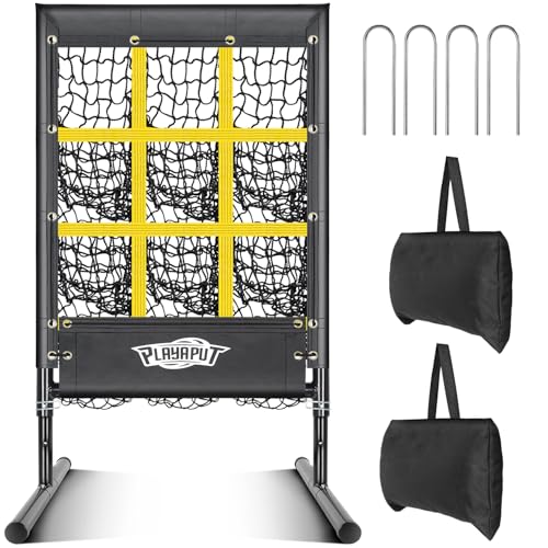 PLAYAPUT Pitching Net, 9 Hole Baseball Pitching Net with Strike Zone,Height Adjustable Softball Baseballs Net For Pitching,Throwing,Hitting Accuracy,Baseball Pitching Target With Sandbags,Ground Stake