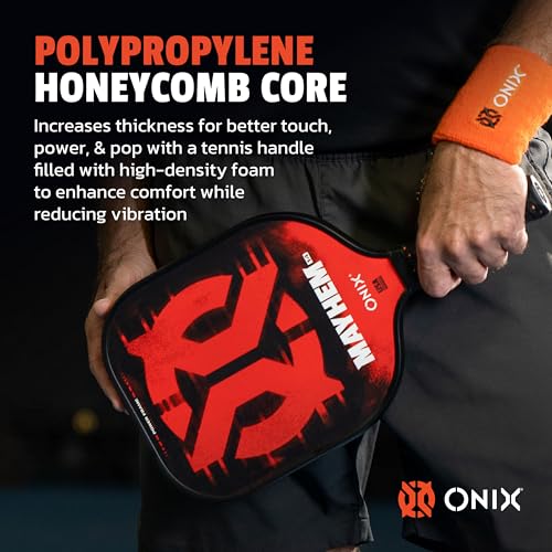 Onix Mayhem Patented ThermoFused Technology Carbon Fiber Power Frame Polypropylene Honeycomb Core Performance Power and Control Pickleball Paddle – 14mm or 16mm