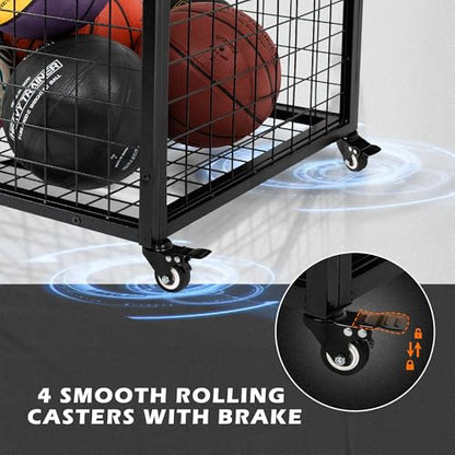 rehomerance Ball Cart Garage Sports Equipment Basketball Organizer with Lockable Lid, Basketball Storage Bin for Indoor Outdoor, Rolling Exercise Ball Holder for Gym, School, Club