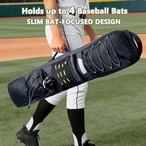 Rolling Baseball Bat Bag with Wheels, Large Capacity Gear Bag Holds 4 Bats, Reinforced Hard Base & Structured Back Panel, Top & Bottom Grab Handles, Shoe & Helmet Compartments for Youth &Adult Players - color: Black - Slim Style - No Wheels