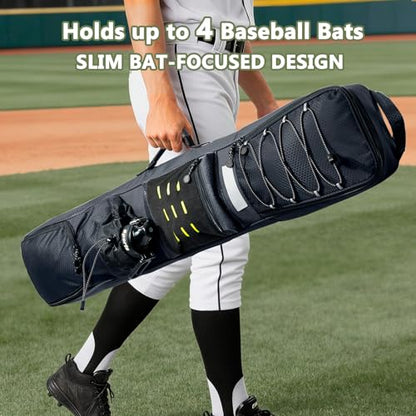 Rolling Baseball Bat Bag with Wheels, Large Capacity Gear Bag Holds 4 Bats, Reinforced Hard Base & Structured Back Panel, Top & Bottom Grab Handles, Shoe & Helmet Compartments for Youth &Adult Players - color: Black - Slim Style - No Wheels