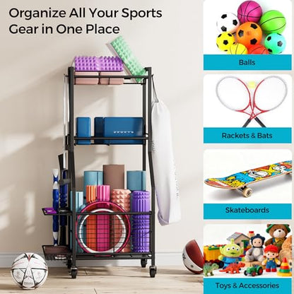 Sports Equipment & Toy Storage Rack with Wheels, 3-Tier Ball Organizer for Balls, Rackets & Sports Gear, Large Capacity with Racket Slots & Hooks, for Garage, Home Gym or Backyard – 17" W