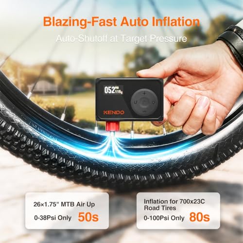 KENDO Mini Electric Bike Pump, 120 PSI Fast Inflation Portable Tire Inflator with Auto Shut-Off & Digital Gauge, USB-C Rechargeable, Presta & Schrader Compatible for Road Bike, MTB, E-Bike, Ball Pump