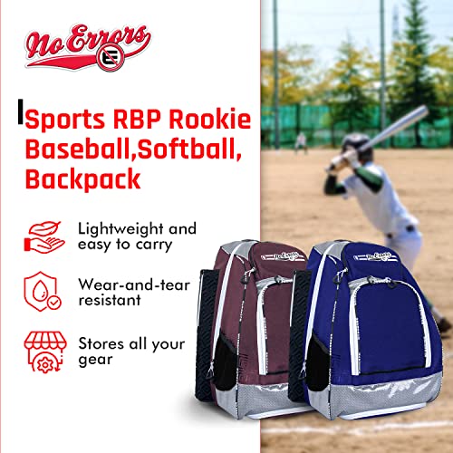 No Errors Sports RBP Rookie Baseball and Softball Backpack - Youth Baseball and Softball Bat Bag with Fence Hooks - Baseball and Softball Equipment Bag for Kids - color: Royal