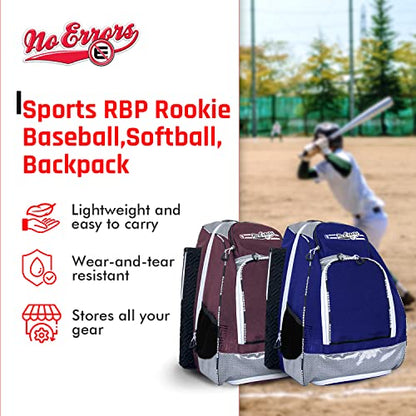 No Errors Sports RBP Rookie Baseball and Softball Backpack - Youth Baseball and Softball Bat Bag with Fence Hooks - Baseball and Softball Equipment Bag for Kids - color: Royal