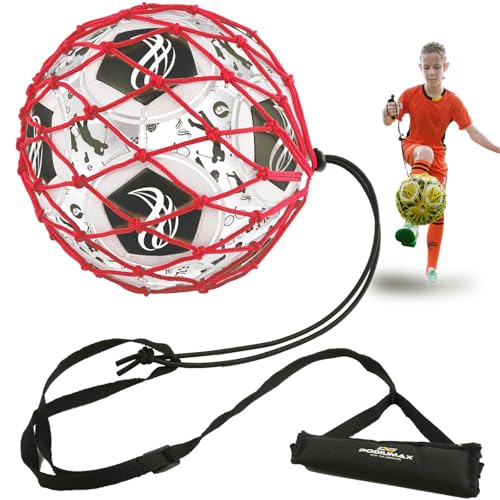 Handle Solo Soccer Kick Trainer with New Ball Locked Net Design, Soccer Ball Bungee Elastic Training Juggling Net (Fits Ball Size 3, 4, 5) - color: Red